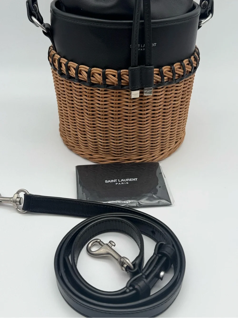 Saint Laurent Black & Tan Wicker Bucket Bag - Picture 12 of 16